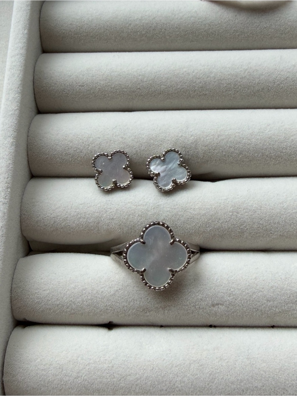 Clover Stud Earrings and Ring Set - White